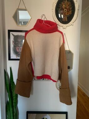 H&M Colorblock Turtleneck Sweater in Red, Cream & Brown
